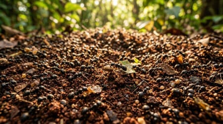 Milliers de fourmis grouillant sur un sol de forêt