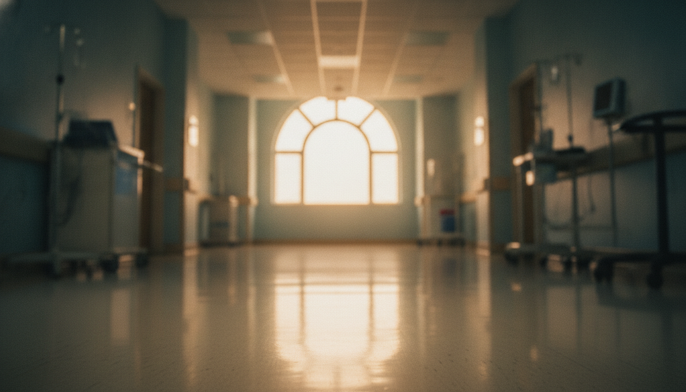 Couloir d'hôpital vu depuis un fauteuil roulant, lumière naturelle dorée