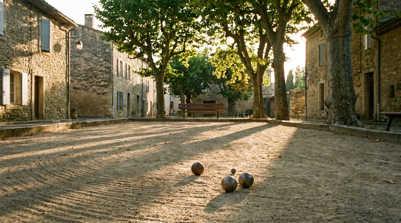 Boulodrome ombragé avec des boules de pétanque abandonnées