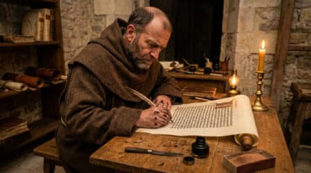 Moine copiste médiéval écrivant à la plume dans un scriptorium