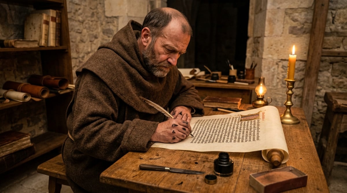 Moine copiste médiéval écrivant à la plume dans un scriptorium