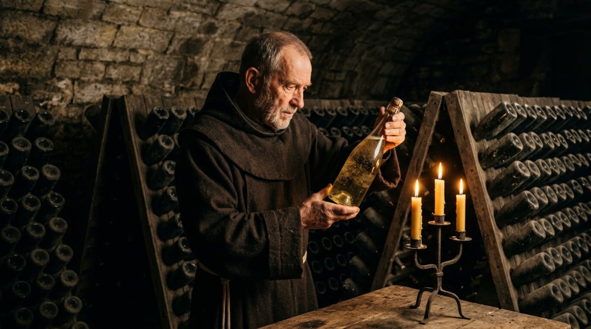 Moine examinant une bouteille de champagne dans une cave ancienne