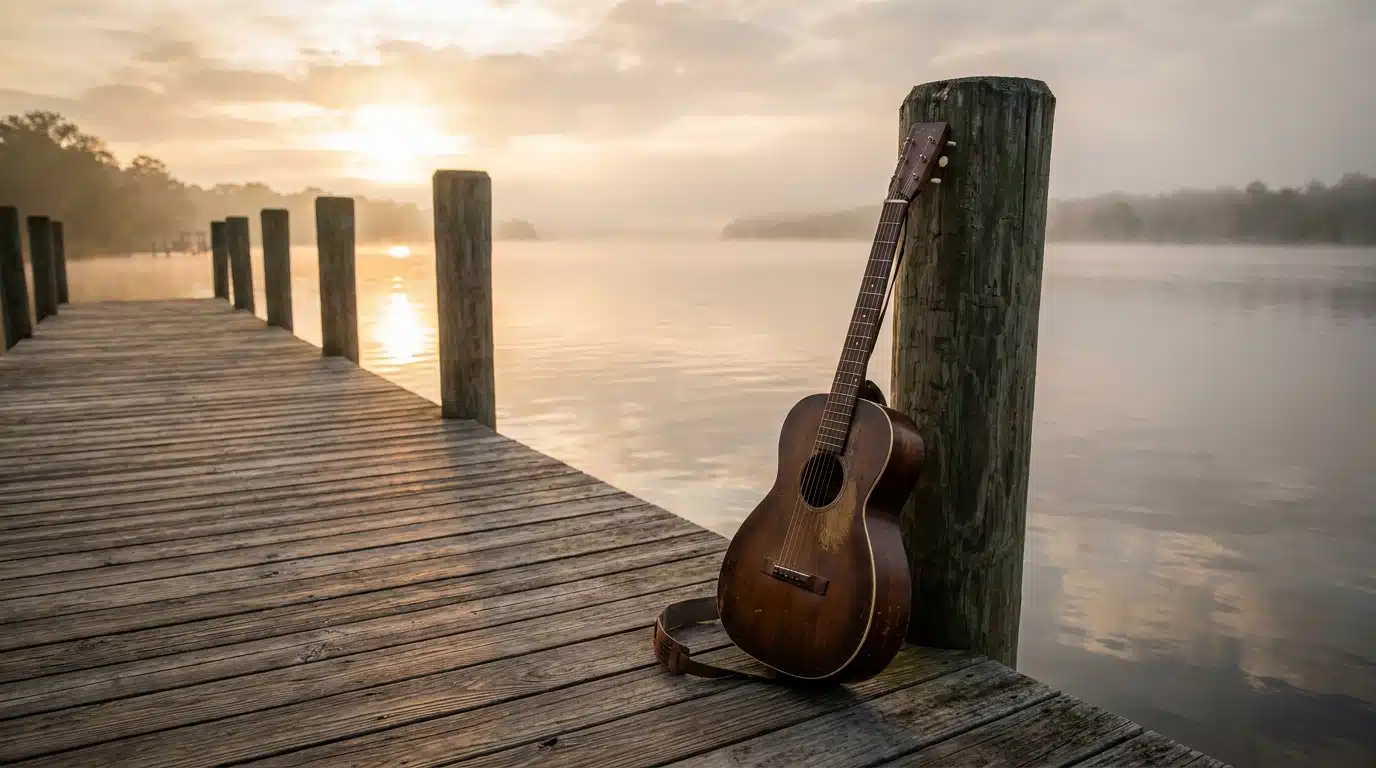 Guitare posée sur un ponton de pêche au lever du jour