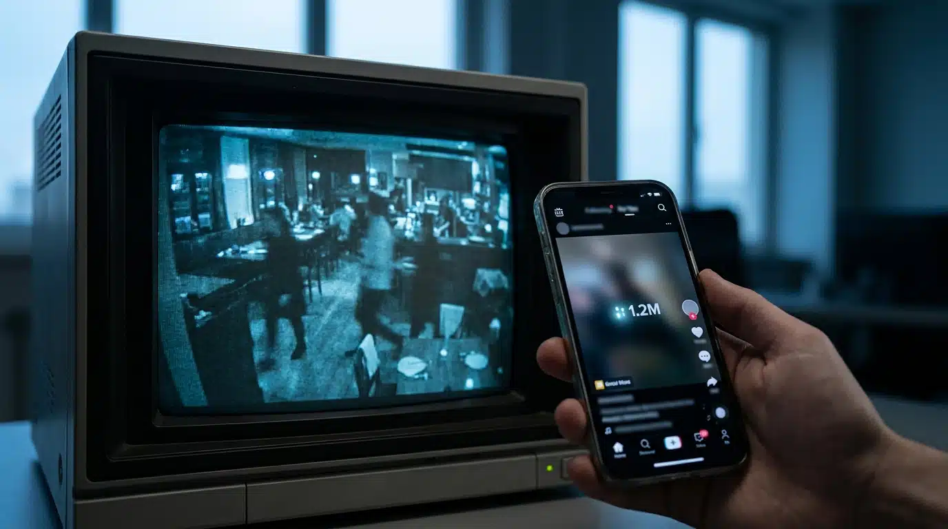 Écran de vidéosurveillance d'un restaurant filmé par un smartphone