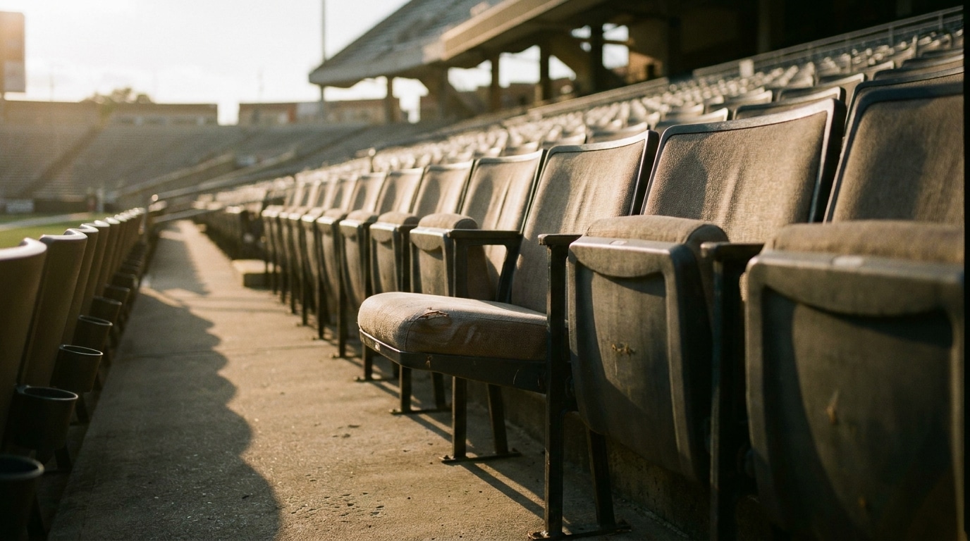 Bancs de touche vides dans un stade éclairé au soleil couchant
