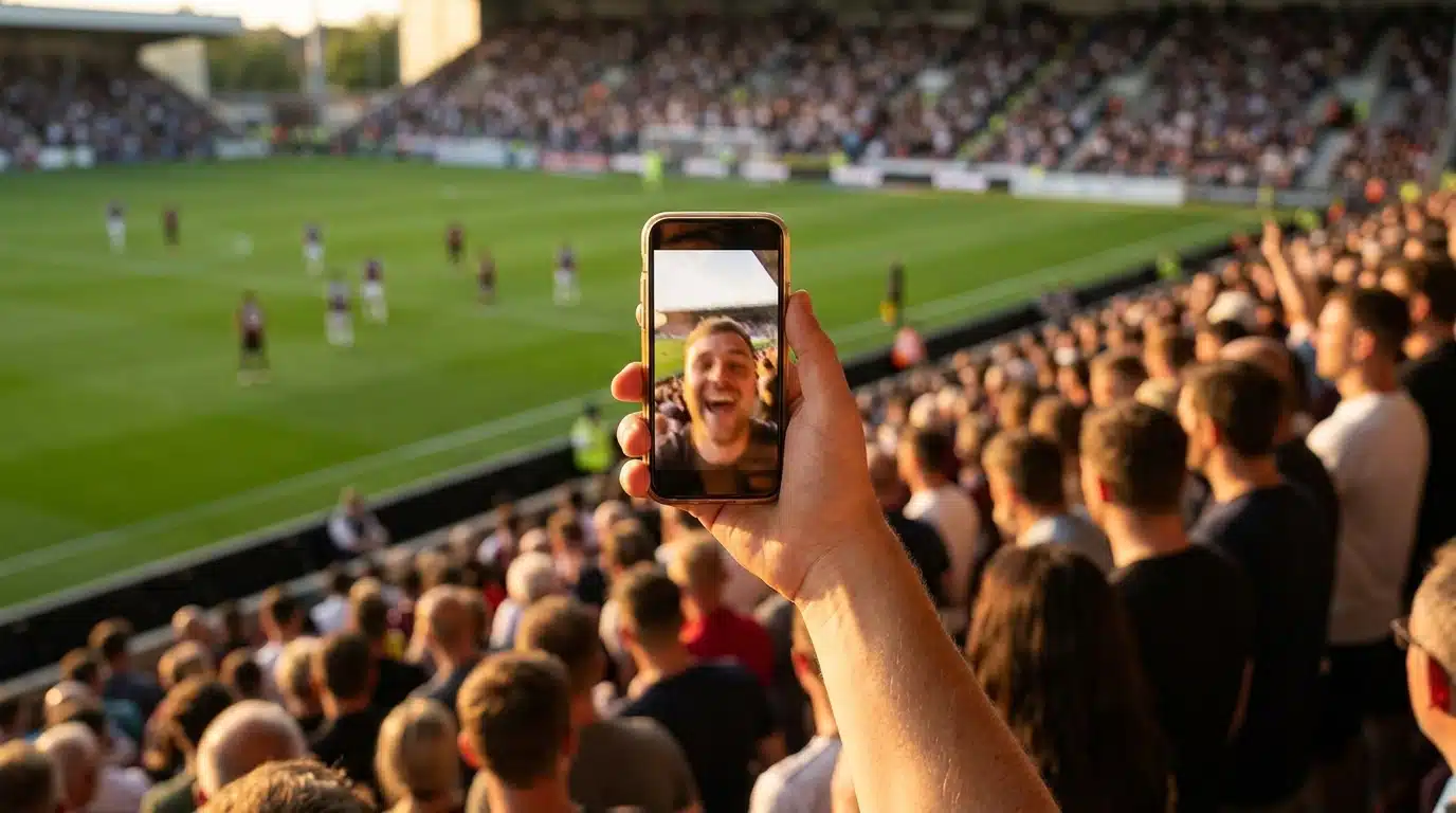 Écran de smartphone montrant un selfie dans un stade de football