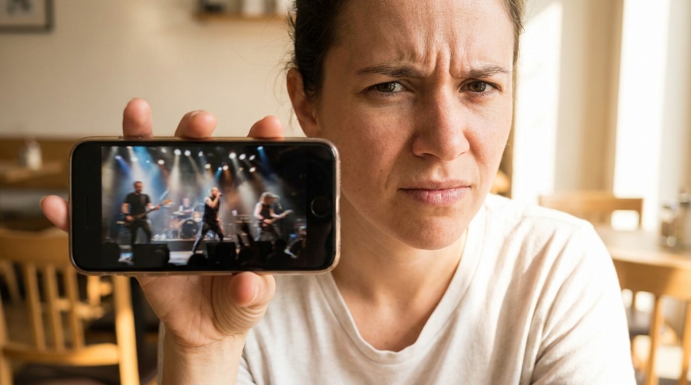 Main tenant un smartphone affichant une capture d'écran floue de concert