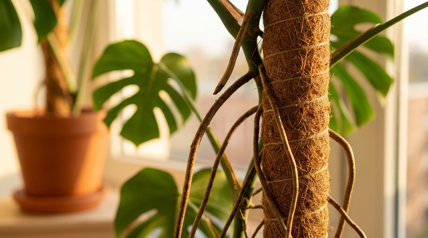 Racines aériennes de Monstera enroulées autour d'un tuteur mousse