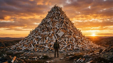 Montagne géante de cigarettes devant une personne minuscule
