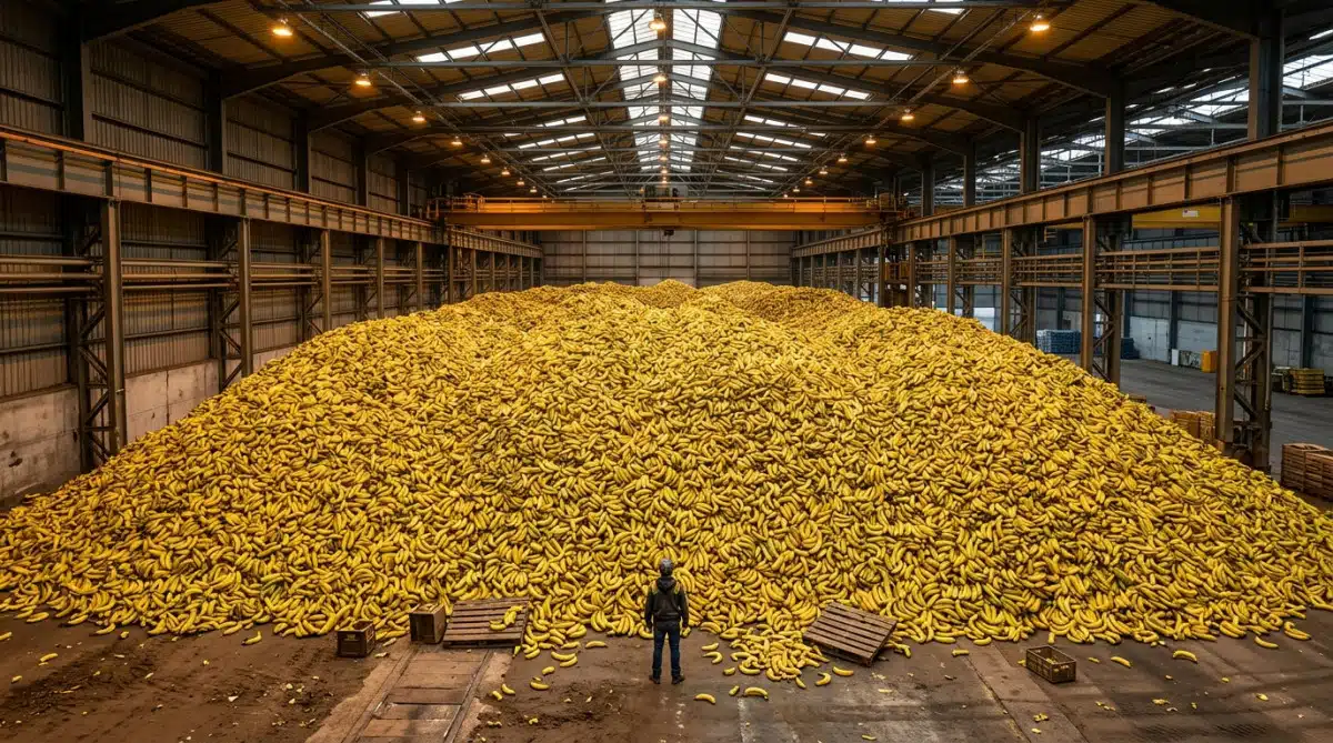 Montagne gigantesque de bananes illustrant la dose létale absurde