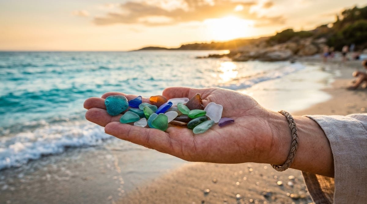 Morceaux de verre poli par la mer dans une main