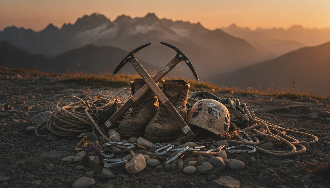 Équipement d'alpinisme posé au sol en hommage
