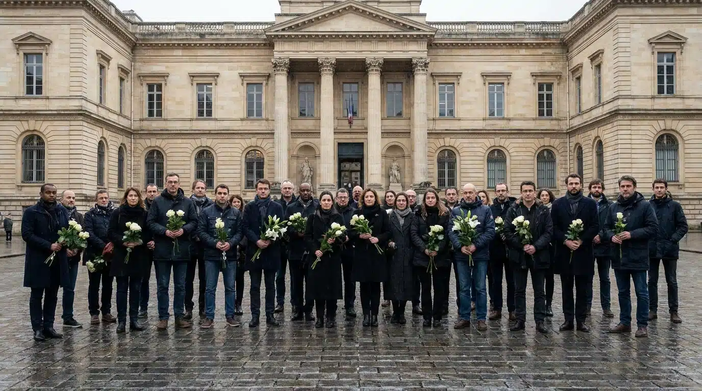 Rassemblement silencieux devant un tribunal français avec des fleurs blanches