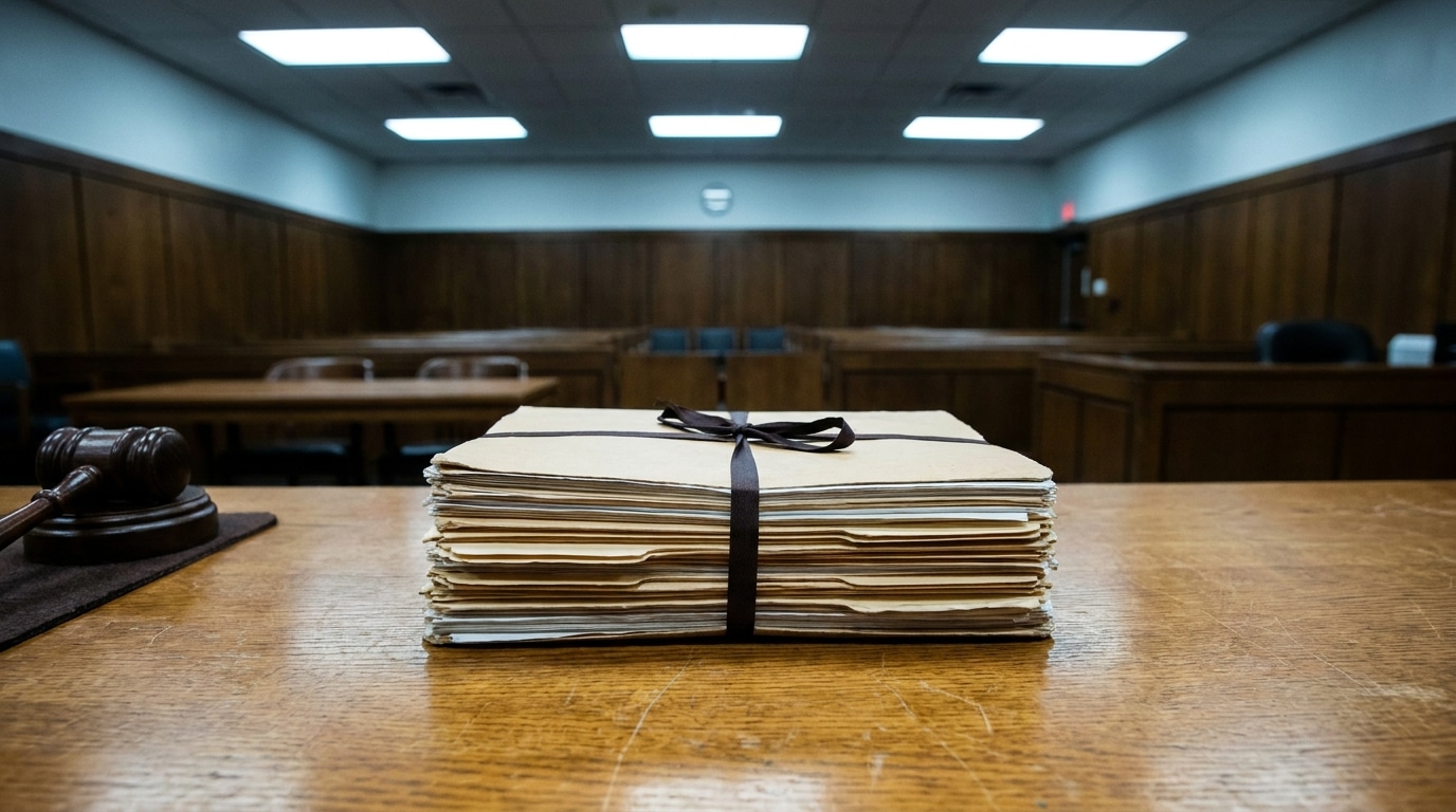Dossiers judiciaires empilés sur un bureau de tribunal