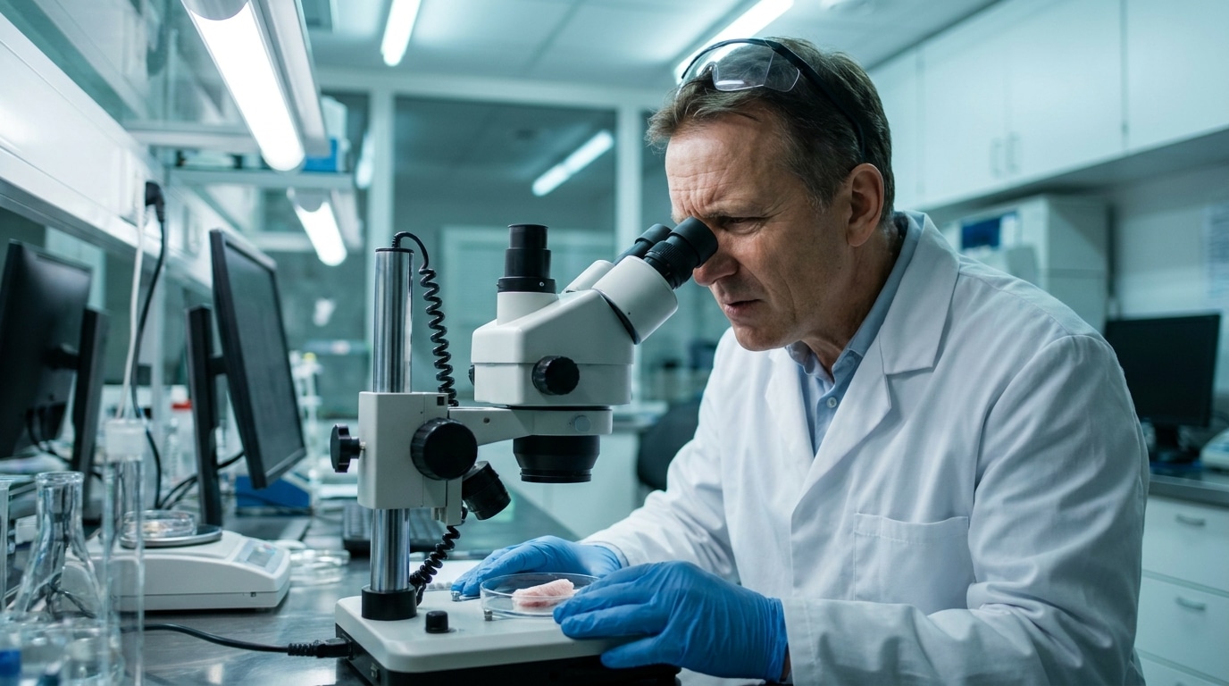 Médecin légiste analysant des prélèvements au microscope