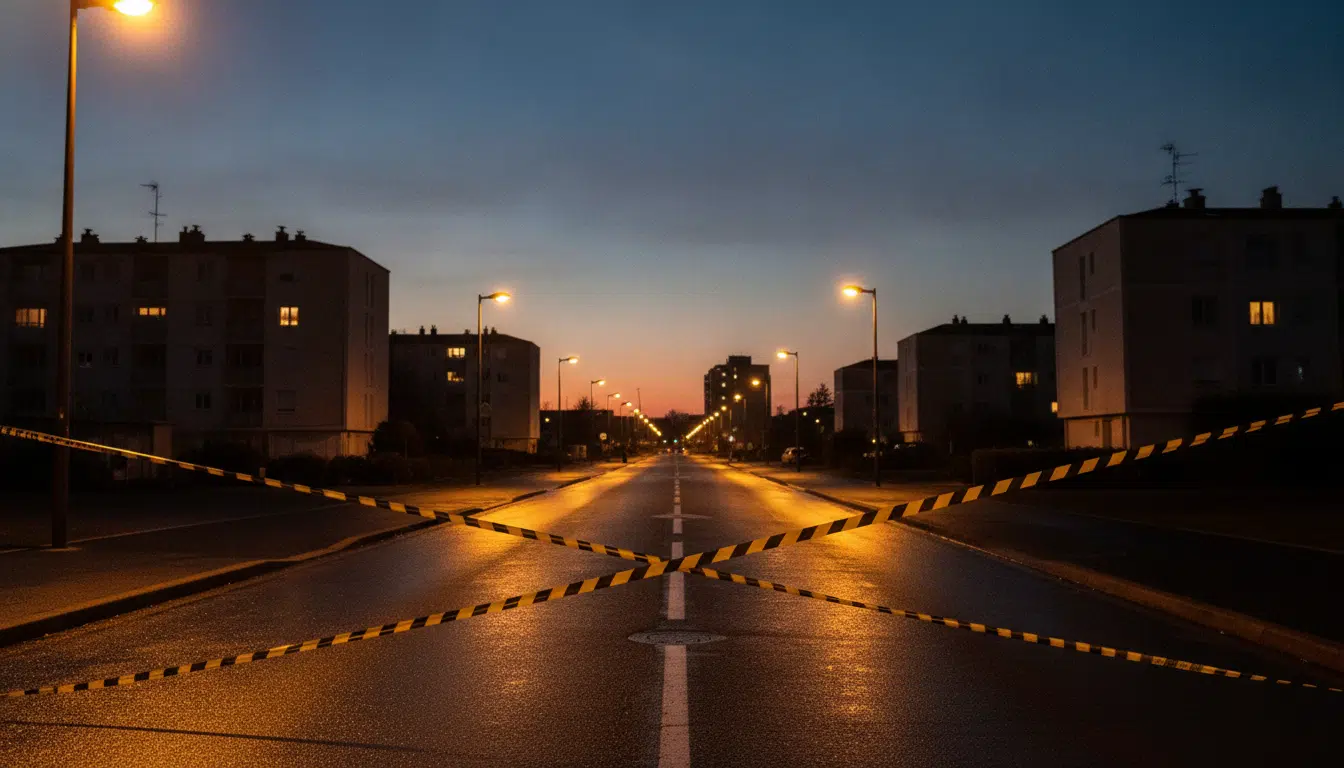 Rue de Nanterre avec un ruban de police au crépuscule