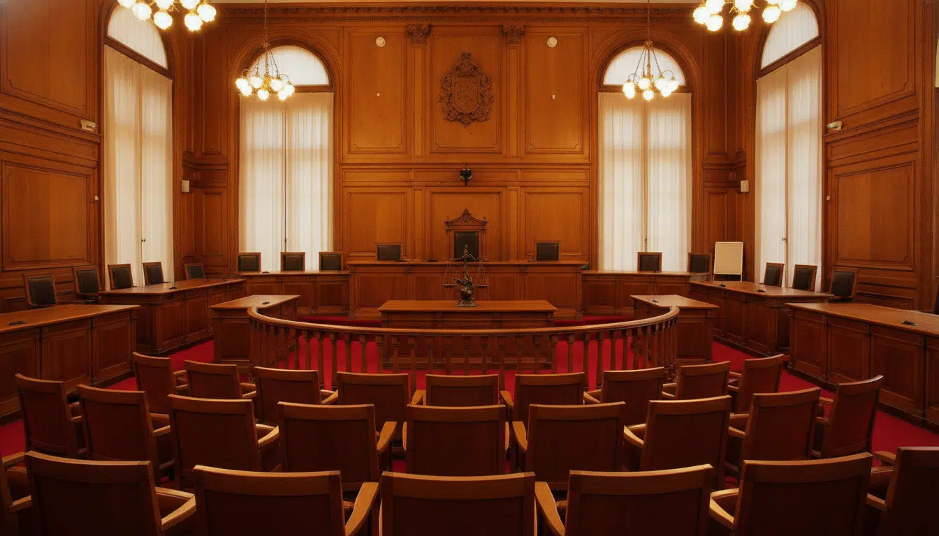 Salle de cour d'assises avec le banc des jurés vide