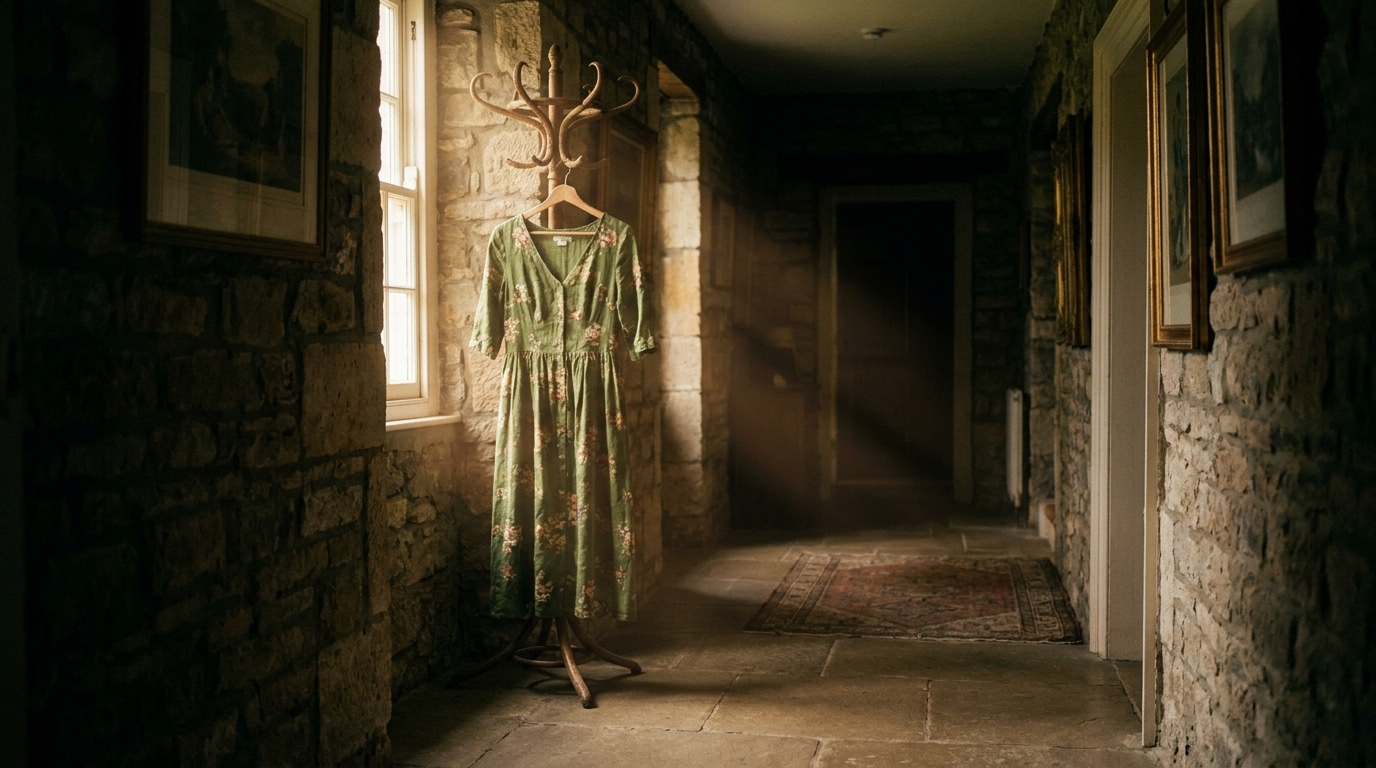 Robe verte suspendue dans une entrée sombre