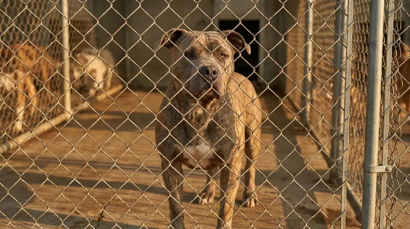 Chien de type pitbull derrière un grillage de chenil