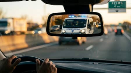 Mot AMBULANCE lisible dans un rétroviseur de voiture