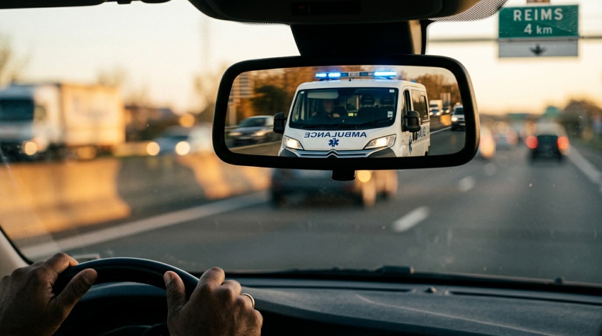 Mot AMBULANCE lisible dans un rétroviseur de voiture