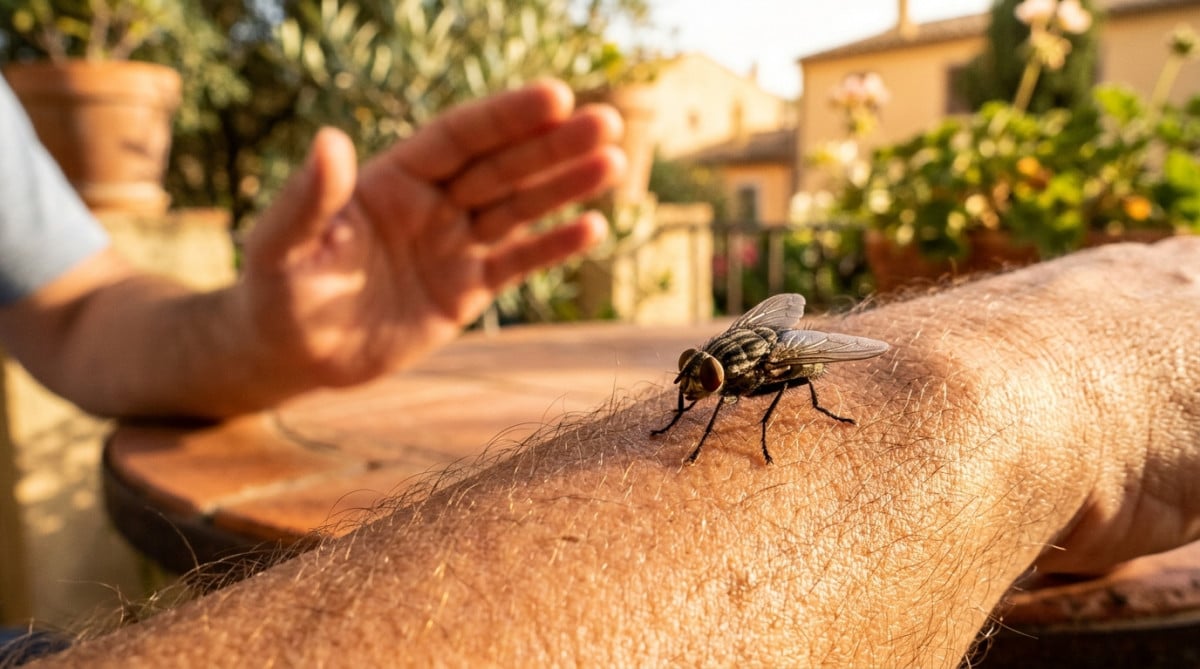 Mouche domestique posée sur un bras humain en plein soleil