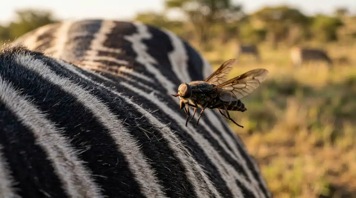 Mouche piqueuse en vol près du pelage rayé d'un zèbre