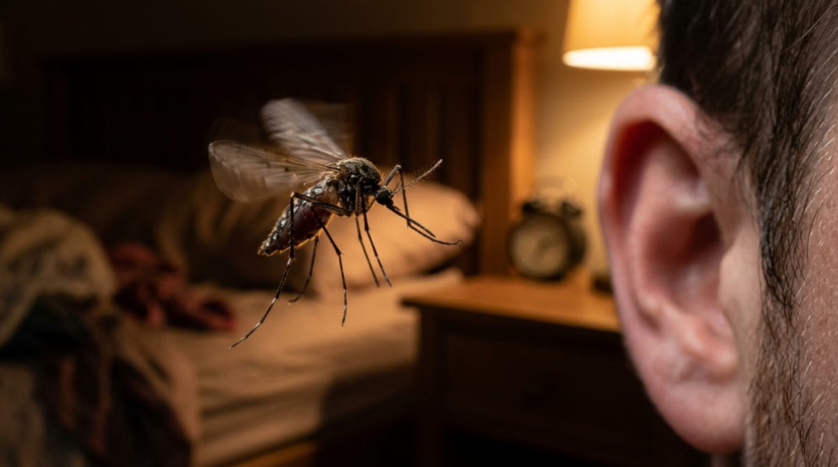 Moustique en vol près d'une oreille humaine la nuit