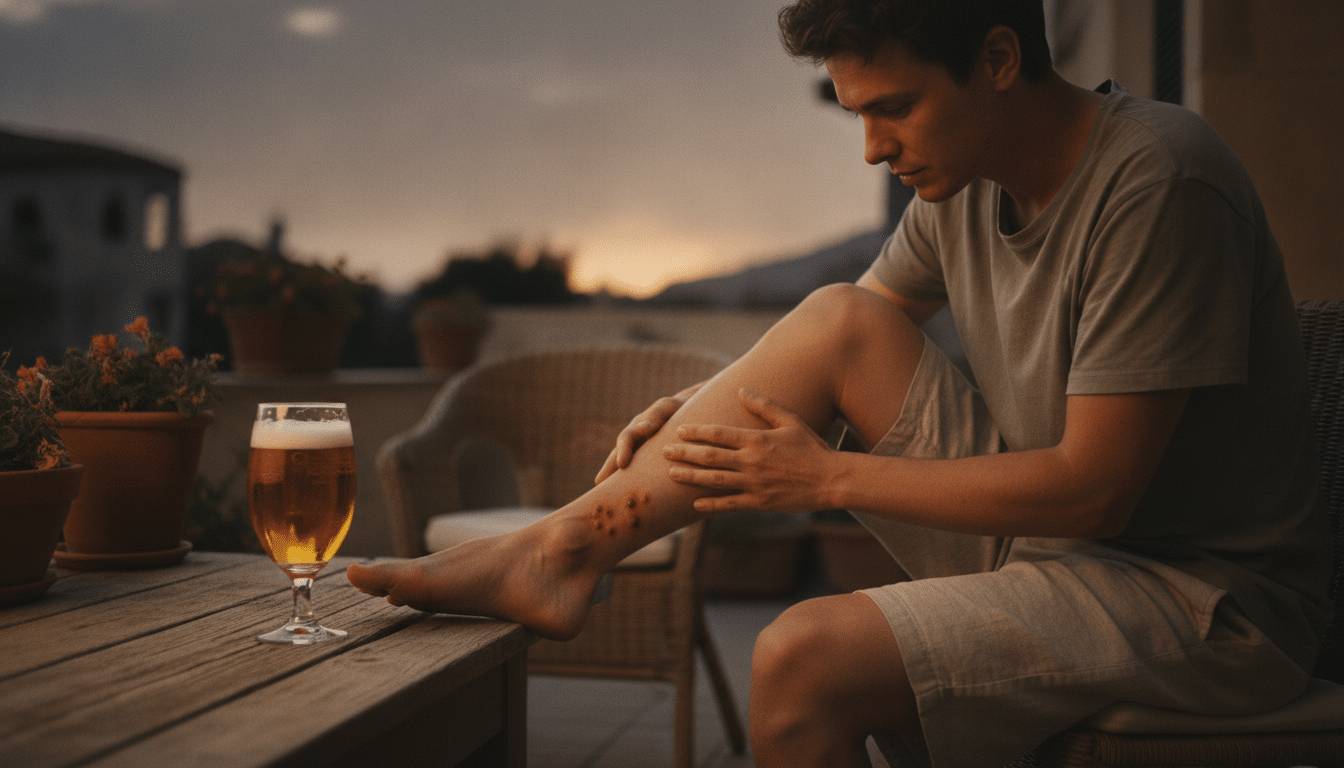 Piqûres de moustiques sur une jambe en terrasse