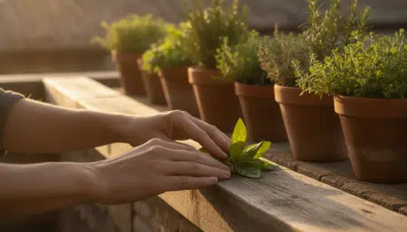 Main froissant des feuilles aromatiques sur un balcon ensoleillé