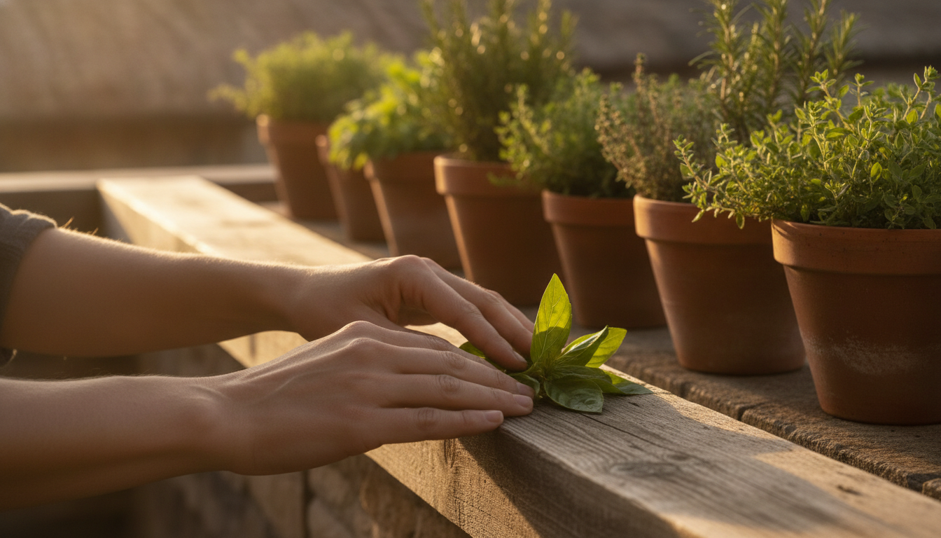 Main froissant des feuilles aromatiques sur un balcon ensoleillé