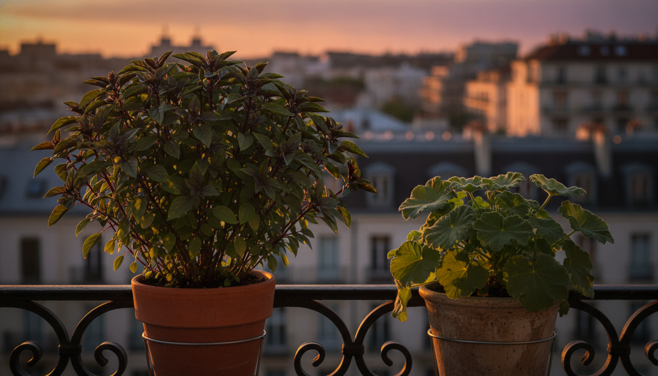 Basilic cannelle et pélargonium citronné côte à côte sur un balcon urbain
