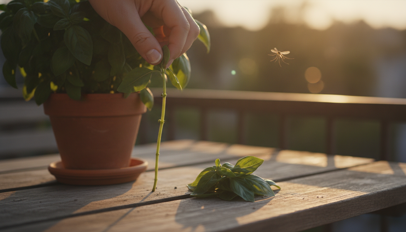 Pincement des tiges de basilic cannelle sur un balcon le soir