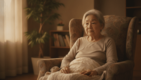 Femme âgée atteinte d'Alzheimer assise dans un fauteuil