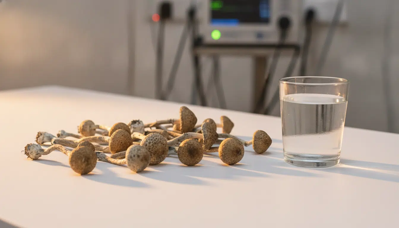 Champignons à psilocybine posés sur une surface clinique
