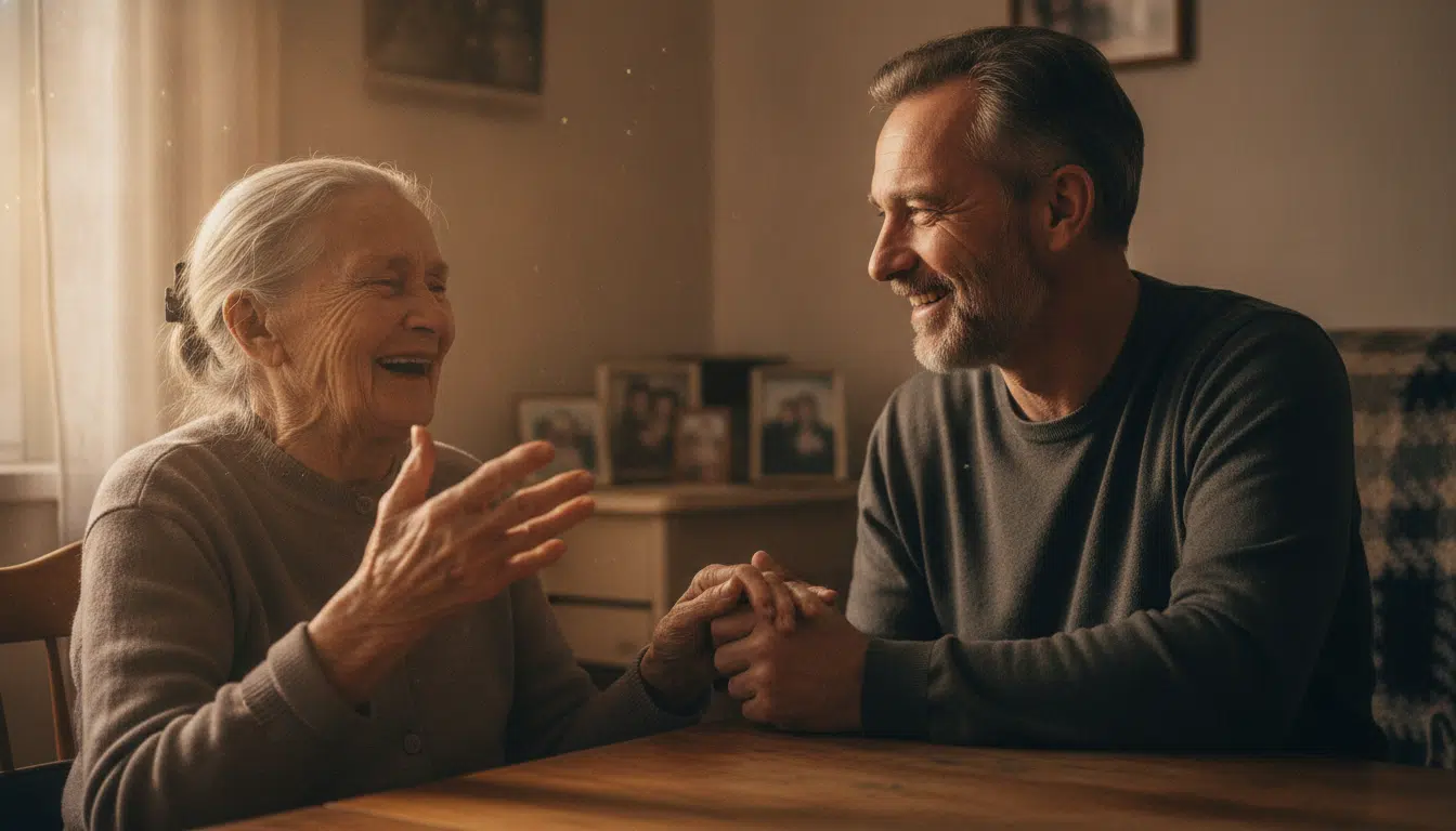 Femme âgée souriante parlant avec un proche ému