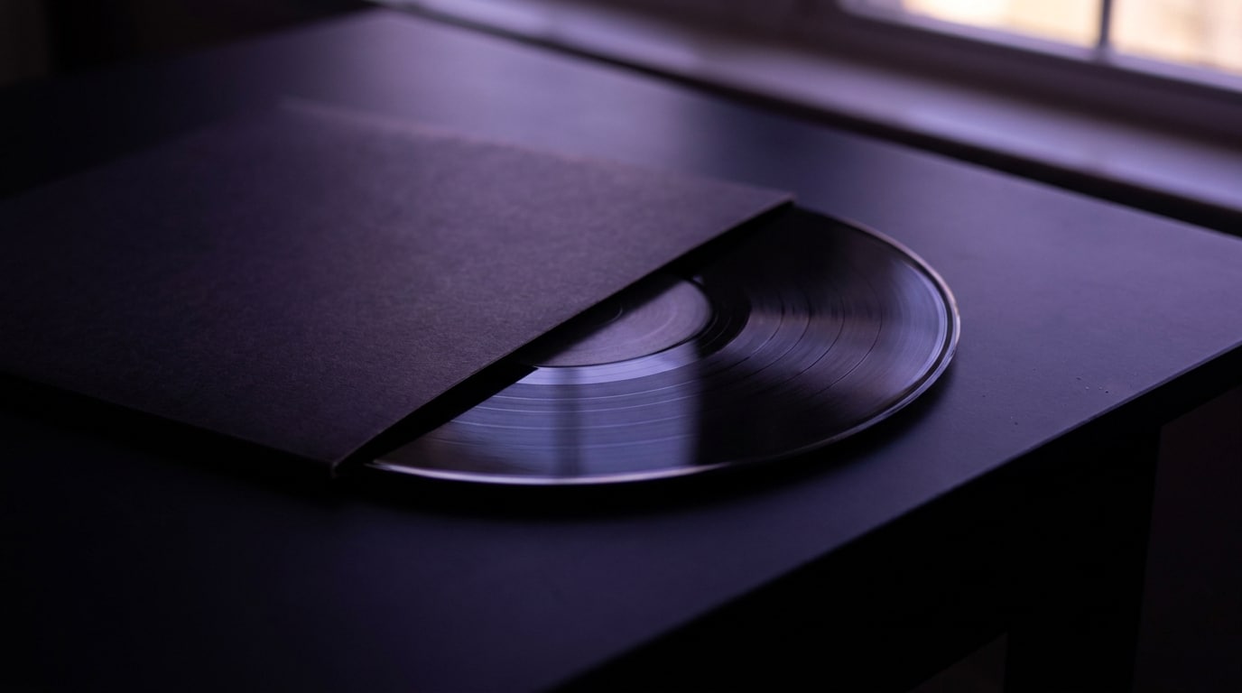 Disque vinyle sortant d'une pochette sombre et mystérieuse