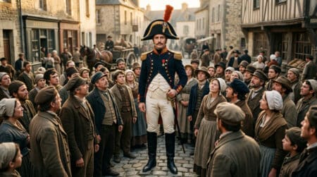 Napoléon en uniforme militaire dominant la foule par sa taille