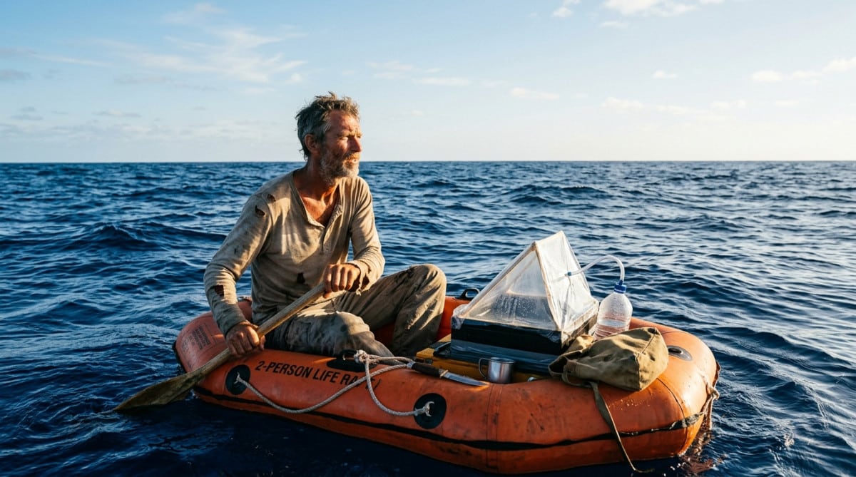 Naufragé solitaire sur un radeau de survie en plein océan Atlantique