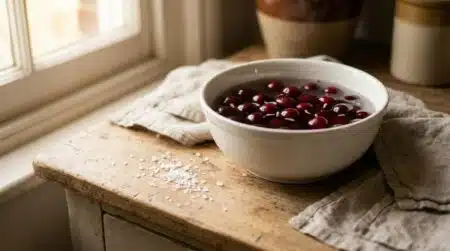 Cerises plongées dans un bol d'eau salée avec larves en surface