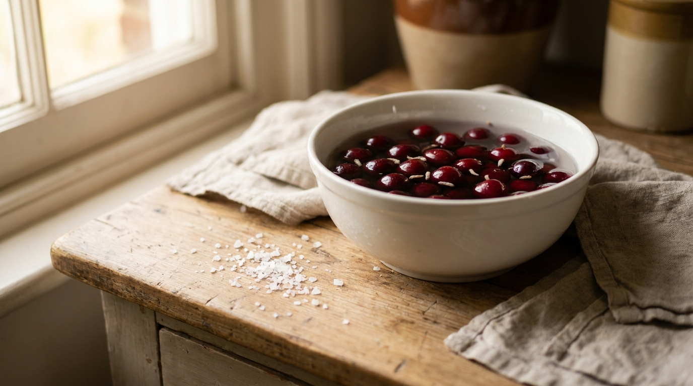 Cerises plongées dans un bol d'eau salée avec larves en surface