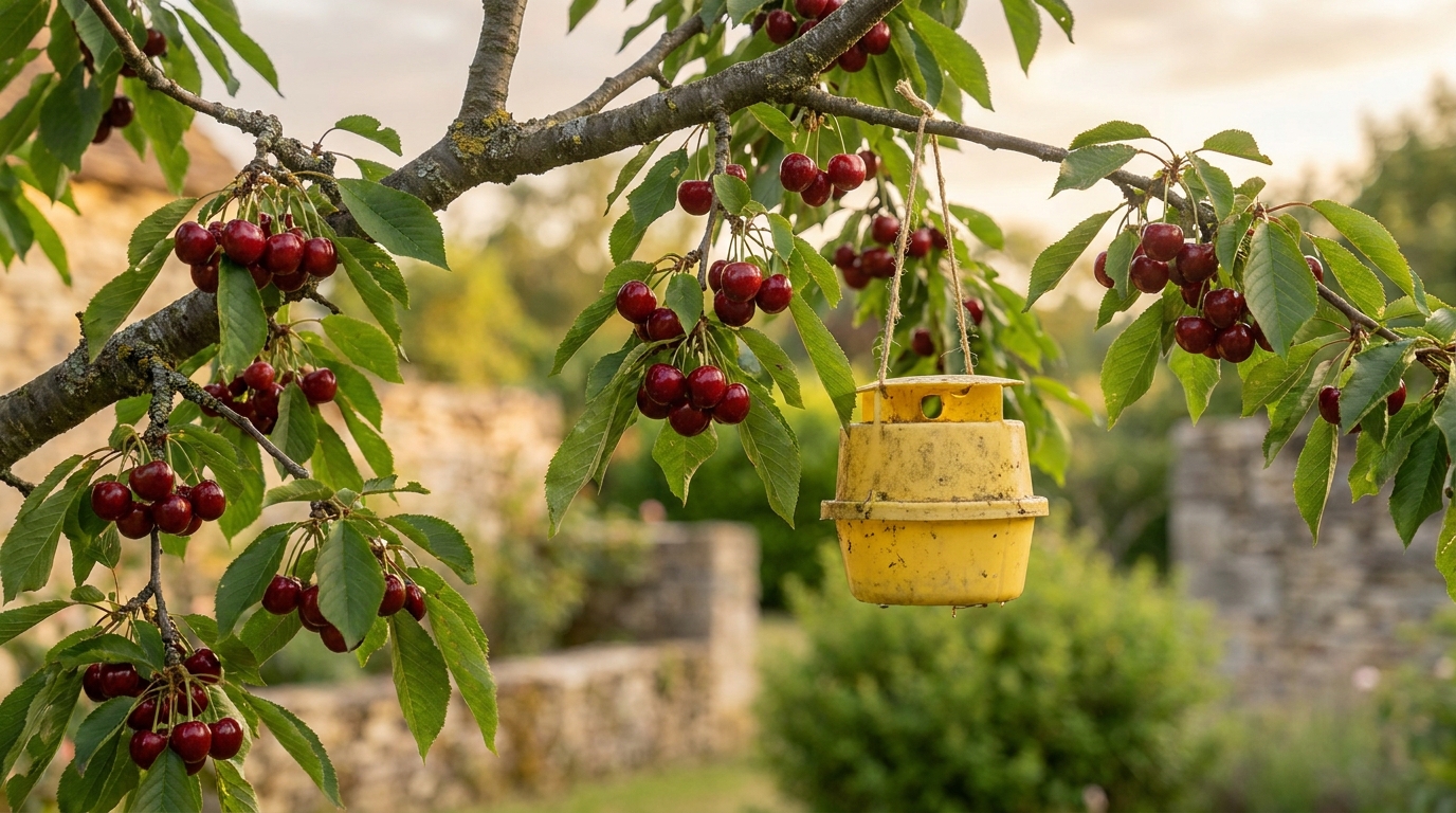 Piège à phéromones accroché dans un cerisier en fruit