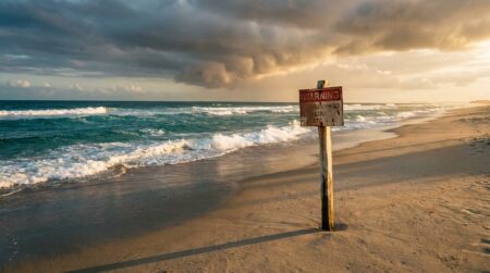 Plage tropicale brésilienne avec panneau d'alerte au crépuscule