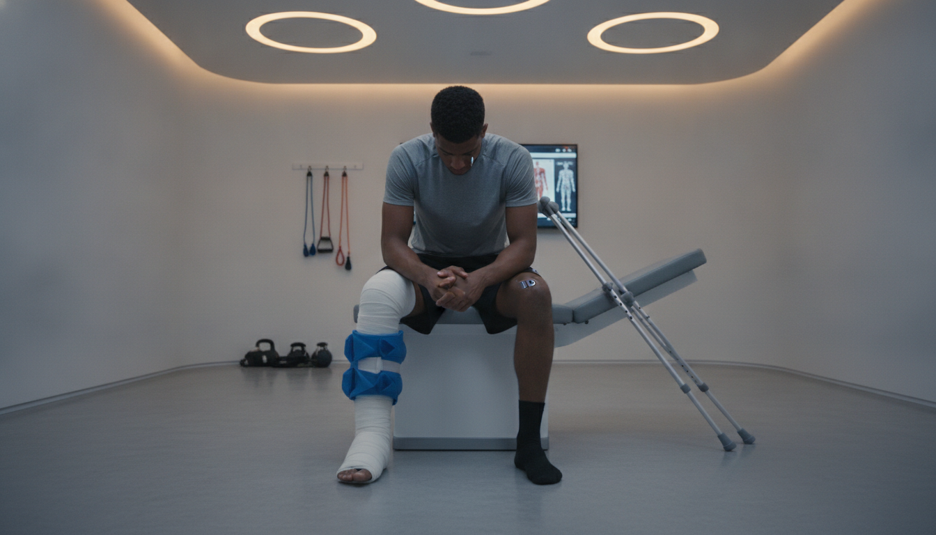 Joueur de football blessé au genou en séance de rééducation