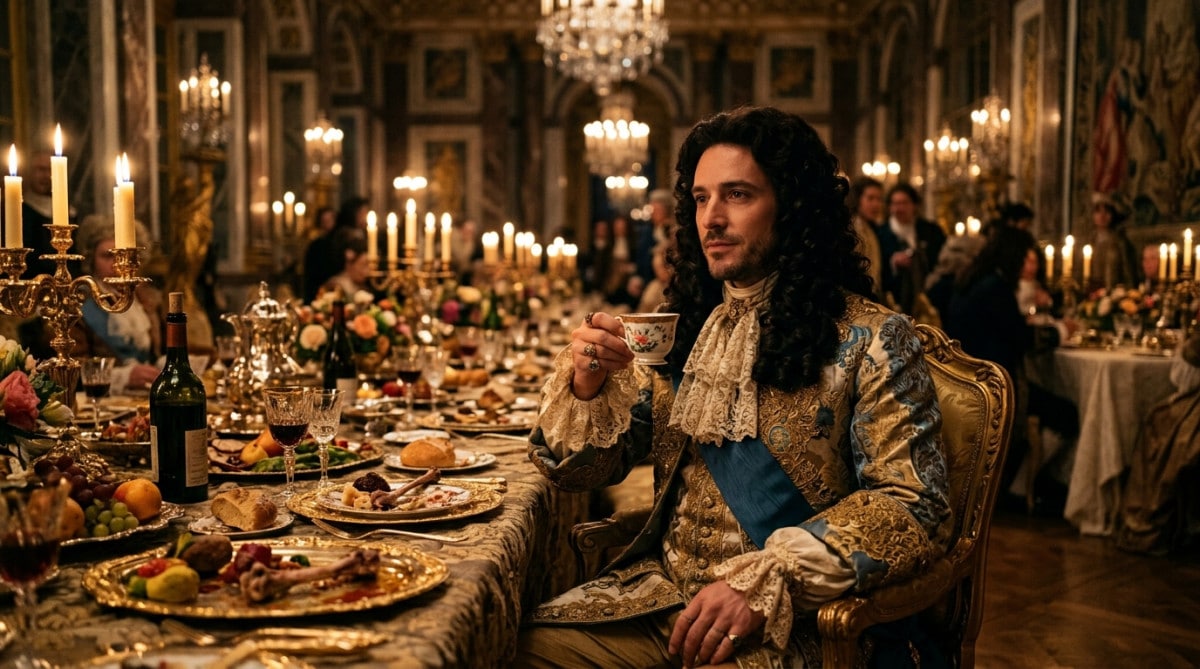 Noble français du XVIIe siècle buvant du café à Versailles