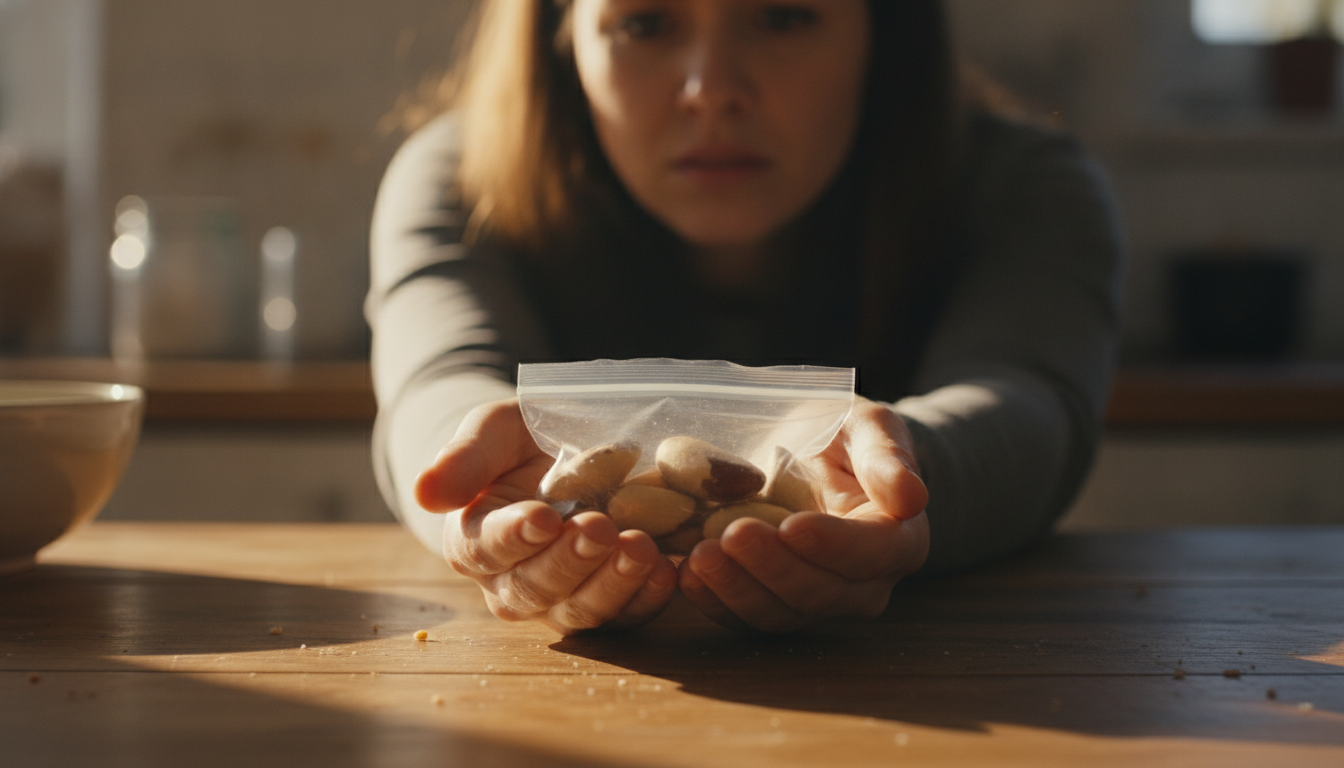 Mains tenant un sachet de noix du Brésil dans une cuisine