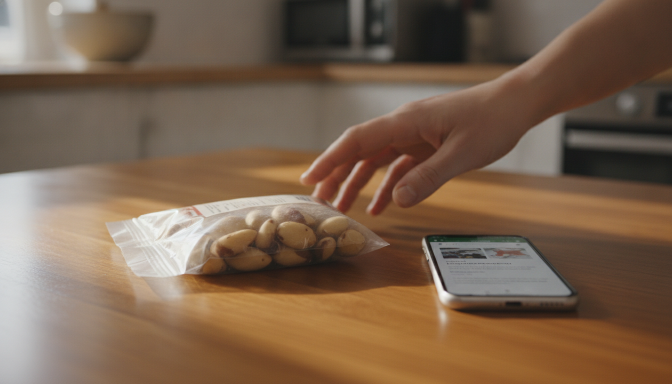Sachet de noix du Brésil posé à côté d'un téléphone affichant une alerte