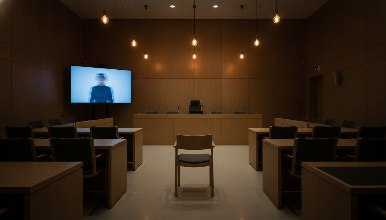 Salle d'audience vide avec écran vidéo à Oslo