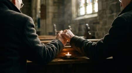 Couple se tenant la main dans une église devant une bougie