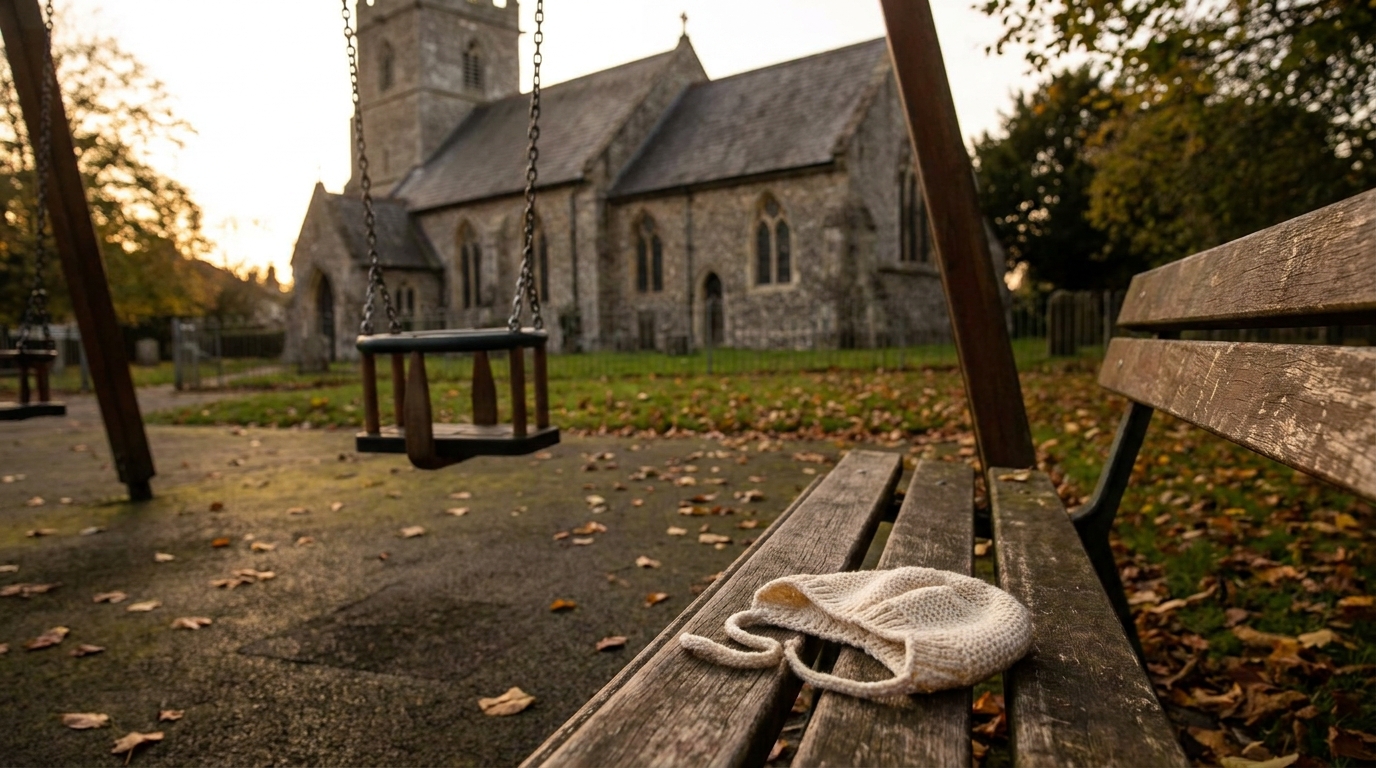 Aire de jeux vide près d'une église avec un bonnet de bébé